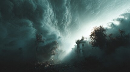 Apocalyptic sky with ominous clouds over a devastated urban landscape