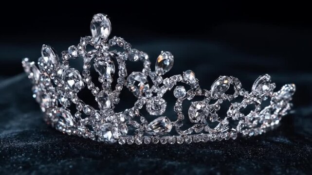 Elegant crystal tiara rests on velvet,  shimmering with delicate, mirrored facets and timeless grace