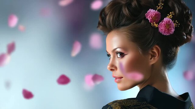 Elaborately styled hair with decorative pins, floating petals fore and background, serene expression, cinematic soft-focus, cultural elegance, with copy space