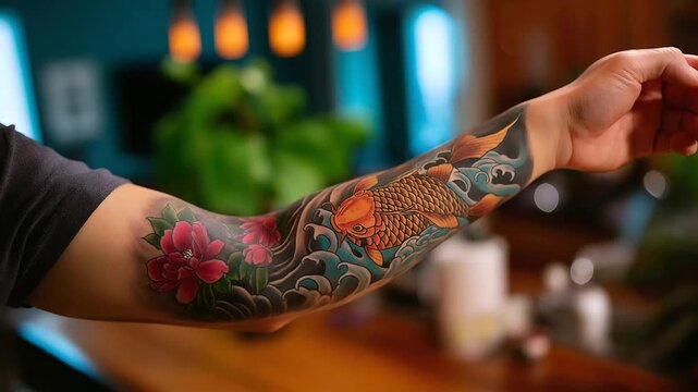 Detailed forearm tattoo artwork featuring koi fish motifs, floral elements, wave patterns, saturated colors, professional ink work, body art photography, with copy space