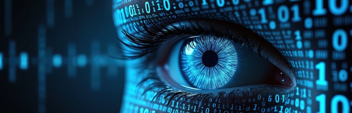 Human eye, composed of blue binary code digits, looks forward. Digital data streams form pupil iris. Cybernetic vision concept, face of future person.