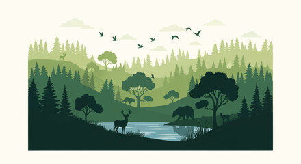 Flat 2D vintage forest landscape vector illustration featuring layered geometric trees and subtle wildlife silhouettes, cleanly isolated on a crisp white background.