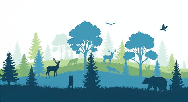 A beautiful vintage woodland landscape is presented in a flat 2D vector illustration style, showing layered blue and green tree silhouettes and several wild animals on a clean white background.