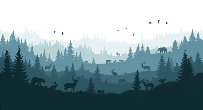 A charming vintage 2D flat vector illustration depicting a tranquil nature landscape scene with layered forest trees and subtle wildlife silhouettes rendered in calming blue and green tones.