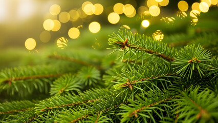 Pine tree branches with blurred golden lights in the background