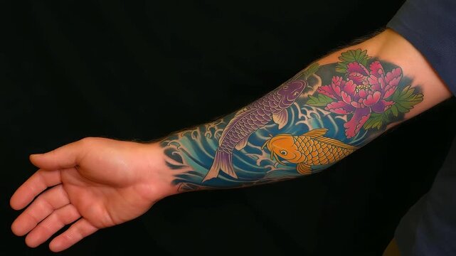 Detailed forearm tattoo artwork featuring koi fish motifs, floral elements, wave patterns, saturated colors, professional ink work, body art photography, with copy space