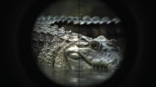 Crocodile seen through a rifle scope; eye, armored scales, and snout framed by crosshairs. in sight