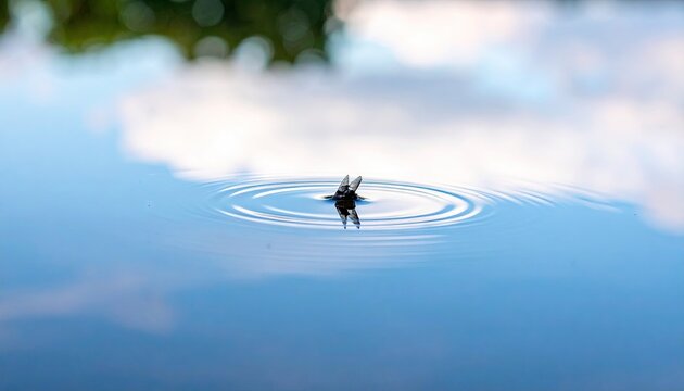 Close up of a water strider insect creating ripples on the surface of calm blue water with reflections of clouds and green trees in the background