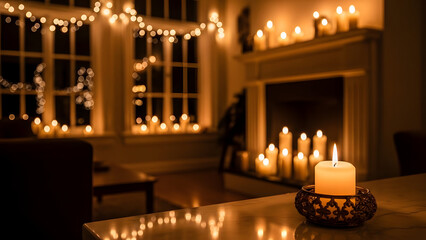 Cozy living room with candles and fairy lights at night