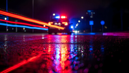Emergency vehicle on wet road at night