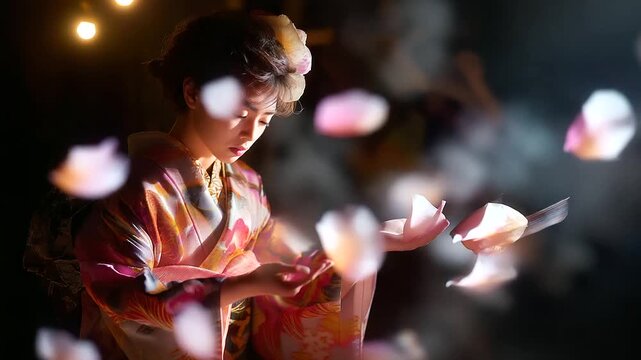Traditional kimono with rich patterns, suspended petals in motion, soft cinematic lighting, ethereal atmosphere, cultural beauty, defocused details, with copy space