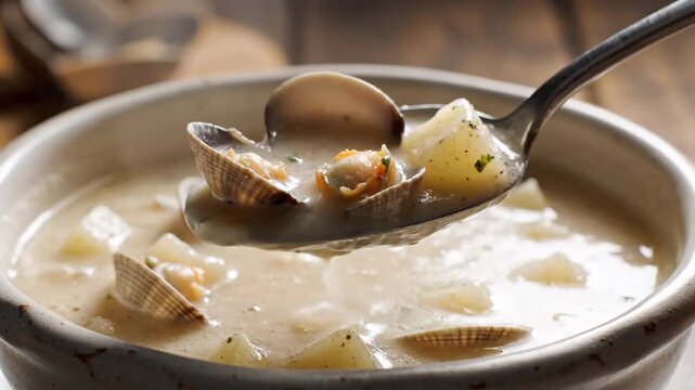 Hearty Creamy Clam Chowder with Potatoes and Shells in a Rustic Bowl, Spoon Scooping