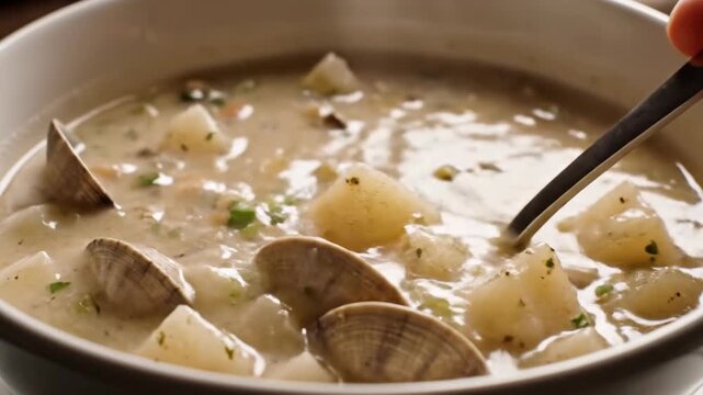 Creamy Clam Chowder with Potatoes and Clams in Shells, Being Stirred. Delicious Seafood Soup in a White Bowl.