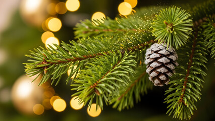 Pine cone on christmas tree branch with golden lights
