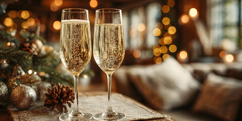 Two champagne glasses filled with sparkling wine on table near decorated Christmas tree in cozy living room with warm lighting for holiday celebration.