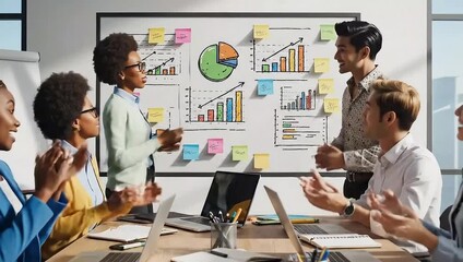 Diverse business team collaborating in a modern office, analyzing data charts on a whiteboard during a strategic meeting - Powered by Adobe