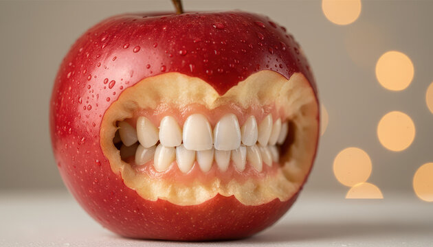Surreal red apple with human teeth inside bite mark