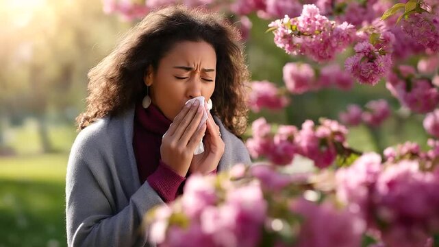 Portrait capturing spring allergy moment, tissue in hand, framed by close-up blossoms, natural lighting, seasonal irritation, facial expression, with copy space