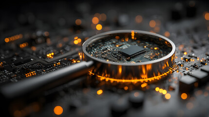 Magnifying glass on circuit board with glowing orange lights creating futuristic technology concept for digital investigation or data analysis.