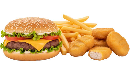 Appetizing arrangement of fast food favorites including burger fries and nuggets isolated on white background