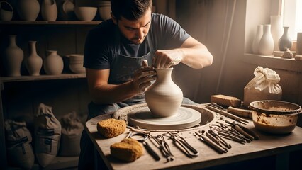 A craftsman skillfully shaping a vase on a pottery wheel within a studio setting. The artisan is focused on molding the clay with his hands, surrounded by tools and works-in-progress