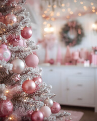 Elegant pink Christmas tree decoration with soft ornaments and glowing lights in cozy interior, festive holiday background with luxury winter atmosphere
