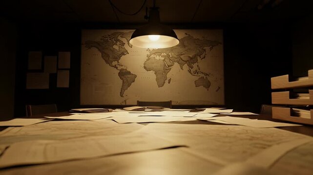 A warm and inviting office workspace with a world map on the wall, papers scattered on the desk, and a cozy lamp providing soft lighting.