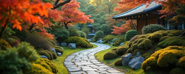 Stone path winds through Japanese garden with vibrant maple trees and mossy ground cover. Traditional building visible amidst rich greenery. Serene autumn landscape.