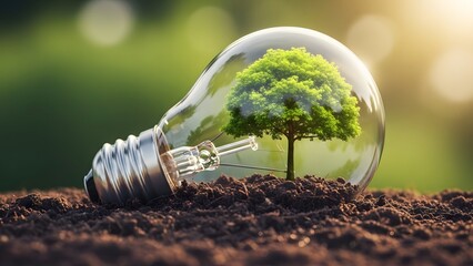 A glass lamp with a green tree growing inside, symbolizing sustainability, renewable energy, and future environmental awareness.