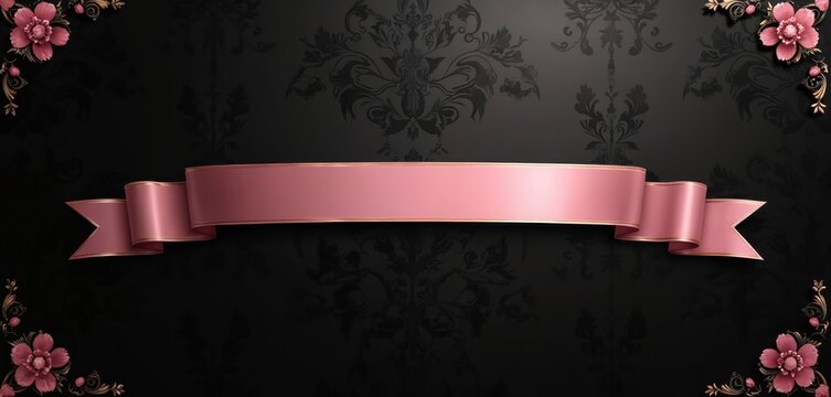 Elegant pink ribbon banner on black damask wallpaper with floral accents. Empty space for text. Luxurious background for invitations or greetings. Ornate design.