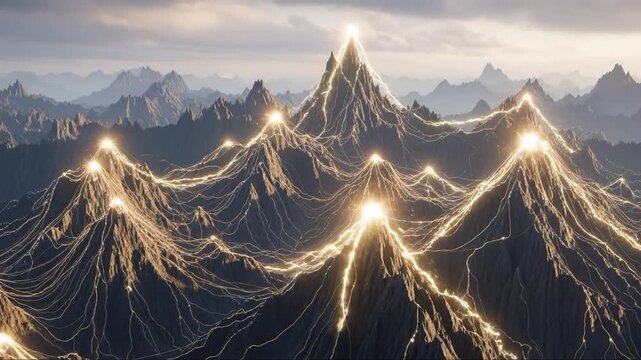 Abstract Digital Networked Mountain Peaks Illuminated by Glowing Energy Lines