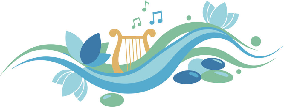 Serene composition of a golden harp with musical notes flowing on tranquil water waves.