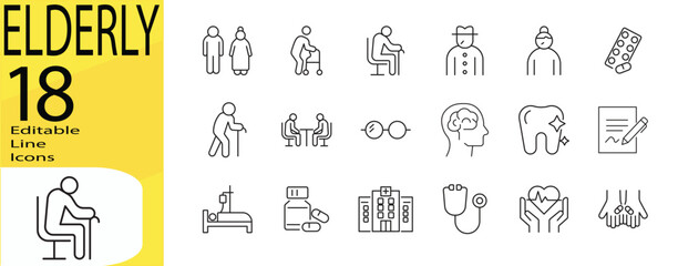 Elderly icon set. Editable stroke.