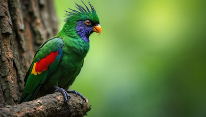 Obraz premium Bright green parrot with red wing patches rests on tree branch. Bird has blue neck feathers and orange beak. Focus on exotic avian wildlife in natural jungle setting. Peaceful scene.