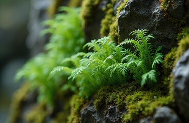 Small green fern grows on mossy rocks. Delicate plant leaves unfurl in natural forest setting. Macro shot shows intricate details of wild flora texture.