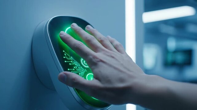 A close-up shot of a human hand authenticating access using a glowing green futuristic biometric scanner in a cool blue-lit modern secure facility.