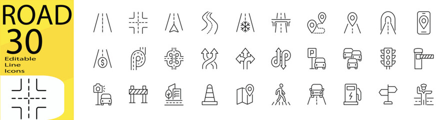 Road icon set. Editable stroke.