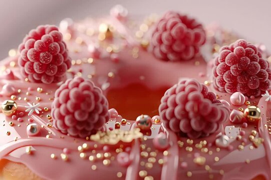 A delicious donut topped with fresh raspberries and shimmering sprinkles, perfect for a sweet treat. The pink icing provides a contrast against the berries