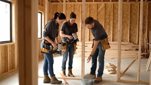 Skilled construction team collaborates on framing project, utilizing tools and techniques to ensure precision and accuracy in a well-lit workspace with wooden structures