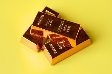 Stack of gold bars on yellow background