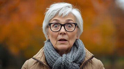 Elderly woman with glasses standing outdoors in autumn park with warm fall colors, realistic portrait expressing wisdom, surprise, reflection, and life experience