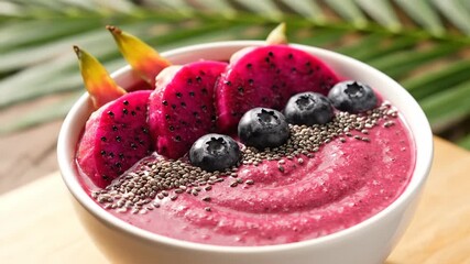 Fresh blueberry smoothie with mixed berries and raspberries served as a healthy gourmet breakfast with yogurt and tasty strawberries in a white bowl - Powered by Adobe