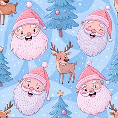 Cheerful Santa Claus faces and reindeer with stylized blue Christmas trees falling snow pattern
