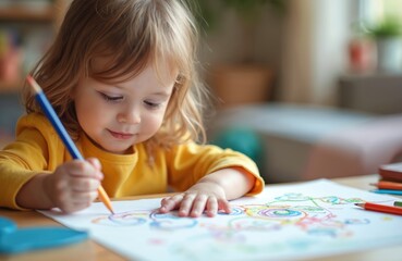 Cute toddler girl concentrates drawing colorful picture with pencil on paper. Young child learns art skills at home or preschool table. Early childhood education and development.
