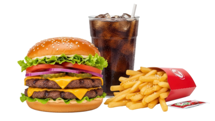 Double decker burger combo with salted french fries and a tall soda cup isolated on white background