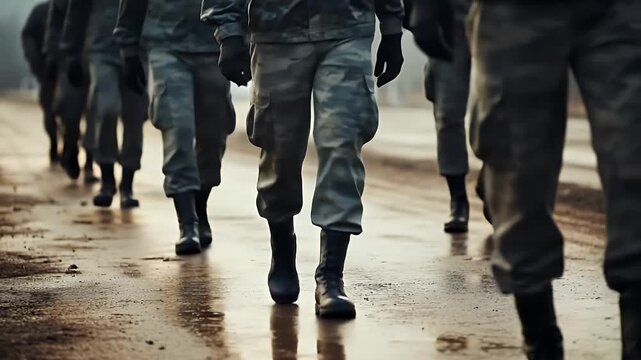 Soldiers in military uniforms march in formation on wet ground, conveying discipline and teamwork. Ideal for projects on military operations, training exercises, or themes of unity and strength.