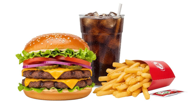 Double decker burger combo with salted french fries and a tall soda cup isolated on white background