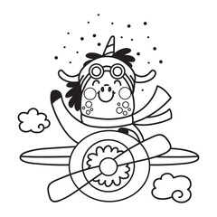 Cute unicorn pilot is flying in an airplane coloring illustration