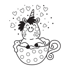 Cute unicorn sitting in a cup coloring vector illustration