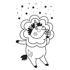Cute unicorn in a flower costume coloring vector illustration